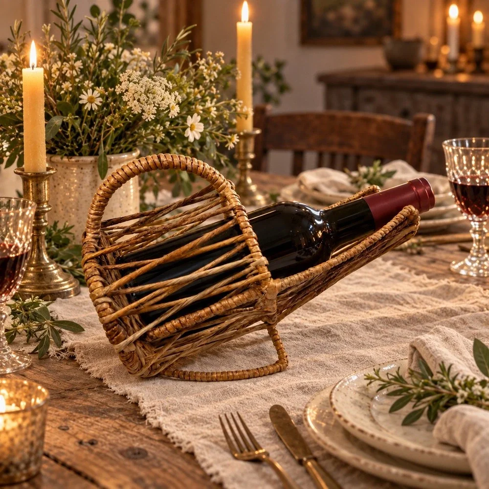 Rustic Woven Wicker Wine Bottle Holder Basket with Handle Natural Bar Decor